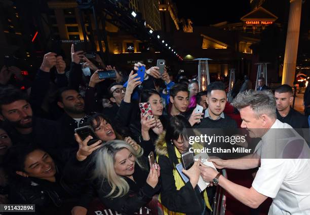 LAS VEGAS, NV - JANUARY 26: Television personality and chef Gordon Ramsay (R) greets fans at the grand opening of the first-ever Gordon Ramsay HELL'S KITCHEN restaurant at Caesars Palace on January 26, 2018 in Las Vegas, Nevada. (Photo by Ethan Miller/Getty Images for Gordon Ramsay Hell's Kitchen Restaurant Caesars Palace Las Vegas)